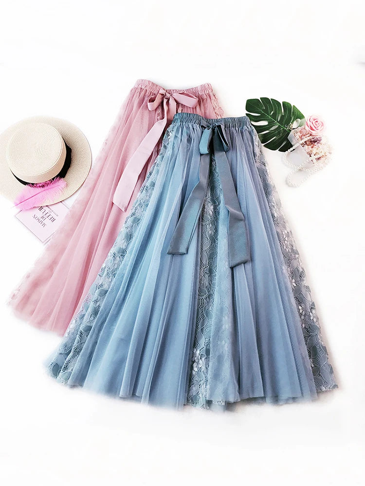 Fashion Tutu Tulle Skirt Women Long Maxi Skirt Korean Cute Bow High Waist Pleated Skirt Female School Sun Spodnica