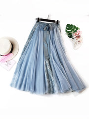 Fashion Tutu Tulle Skirt Women Long Maxi Skirt Korean Cute Bow High Waist Pleated Skirt Female School Sun Spodnica