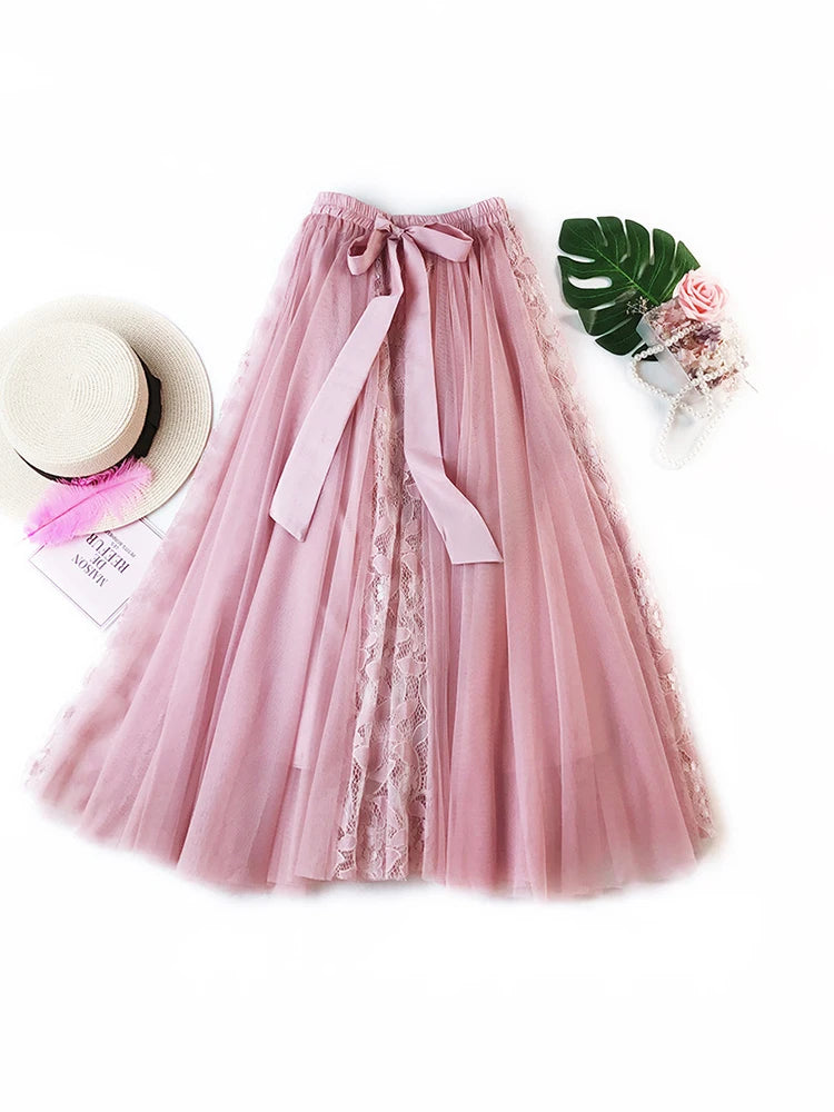 Fashion Tutu Tulle Skirt Women Long Maxi Skirt Korean Cute Bow High Waist Pleated Skirt Female School Sun Spodnica