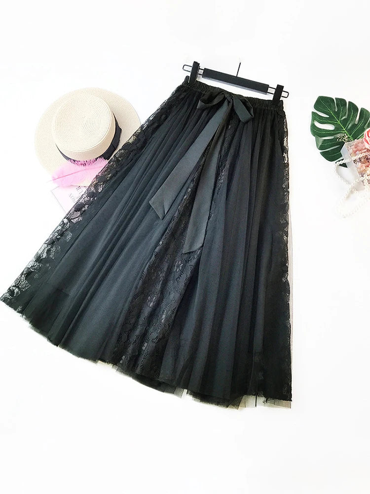 Fashion Tutu Tulle Skirt Women Long Maxi Skirt Korean Cute Bow High Waist Pleated Skirt Female School Sun Spodnica