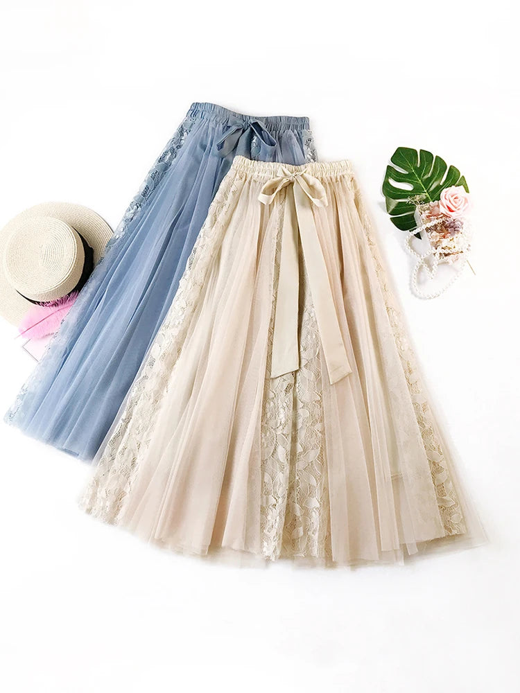 Fashion Tutu Tulle Skirt Women Long Maxi Skirt Korean Cute Bow High Waist Pleated Skirt Female School Sun Spodnica