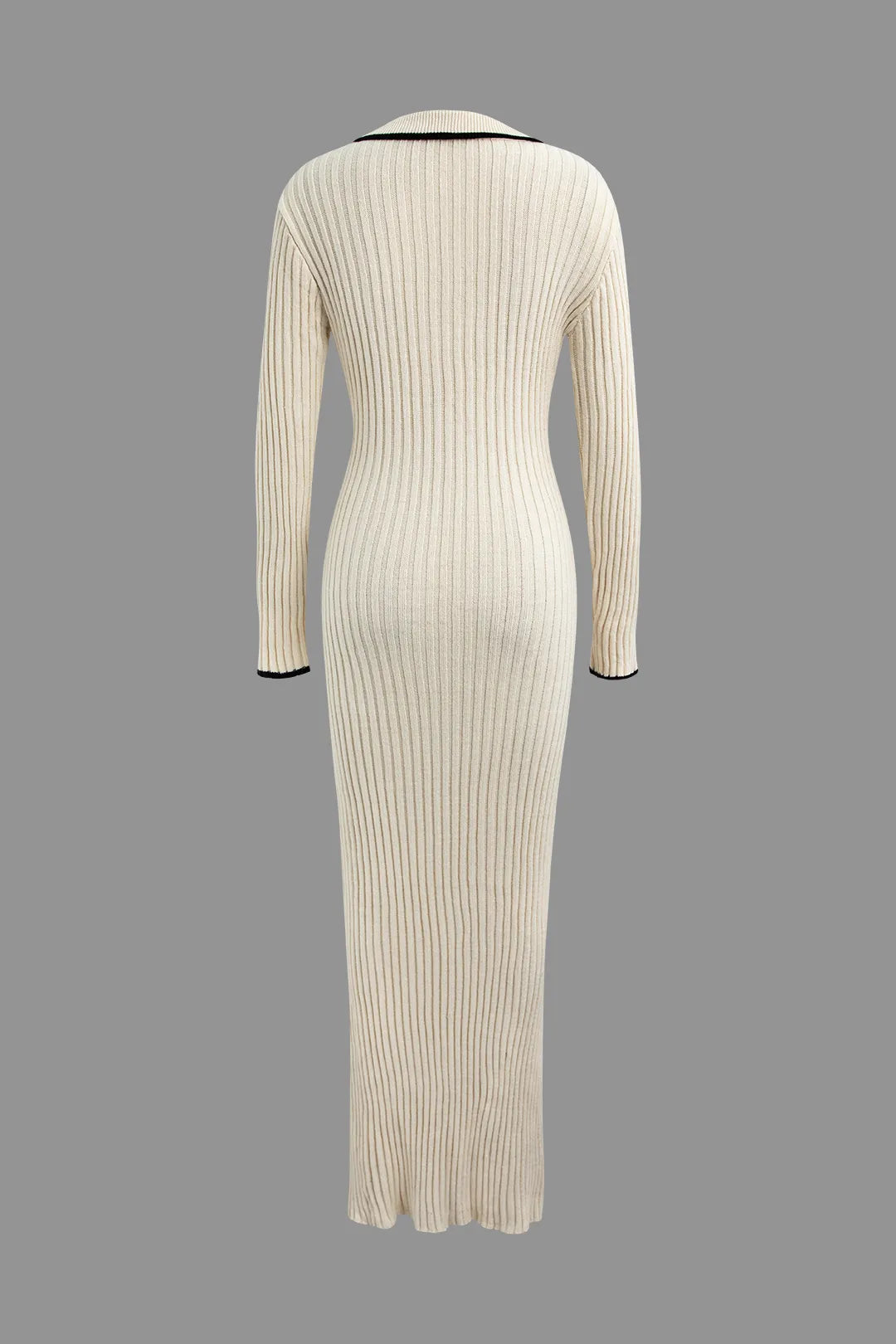 Fiore Beige Long Sleeve Knit Collar Button Maxi Dress