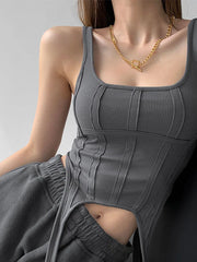 Fishbone Thread Safari Style Vest Irregular Hook Bottomed Shirt For Women Square Neck Sexy Sleeveless Sort Tops