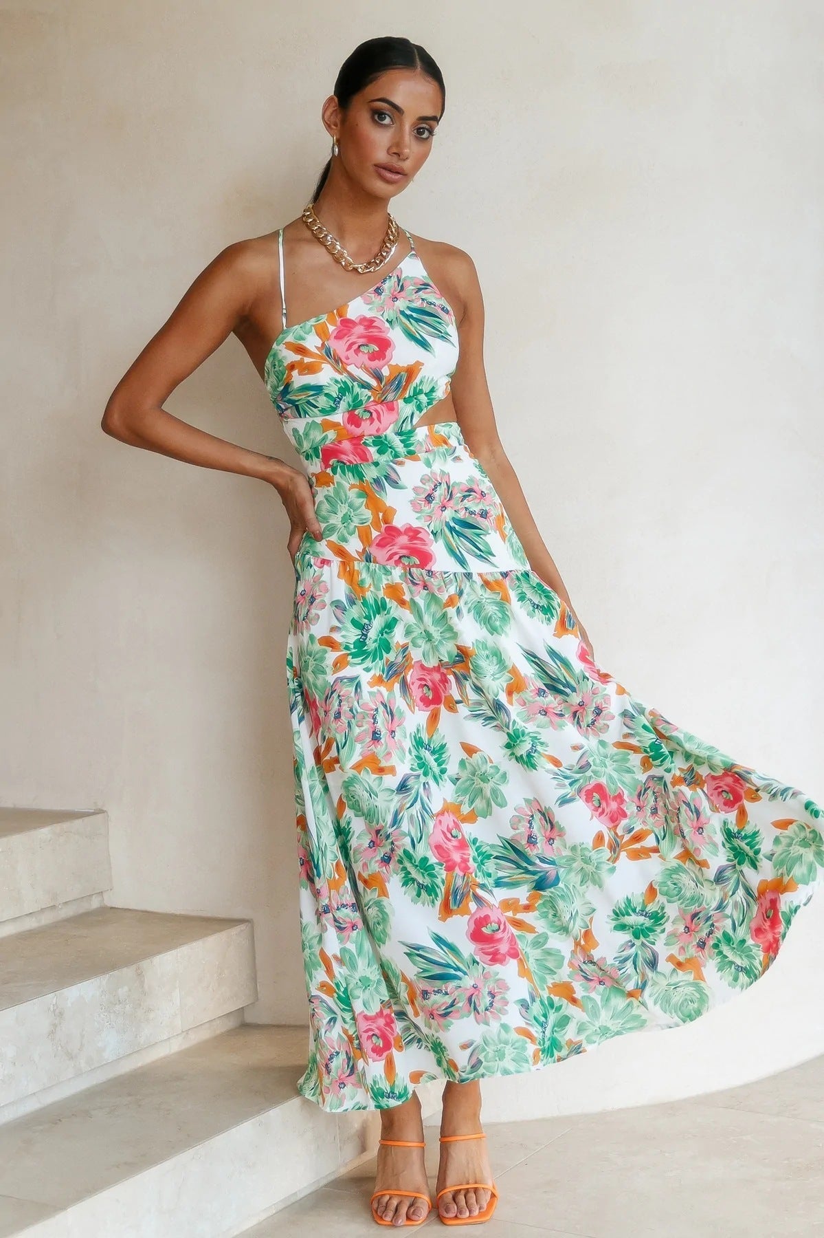 Floral Asymmetric Cami Midi Dress Green