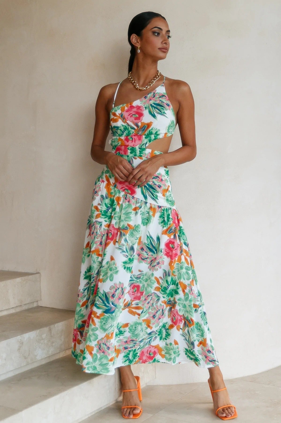 Floral Asymmetric Cami Midi Dress Green