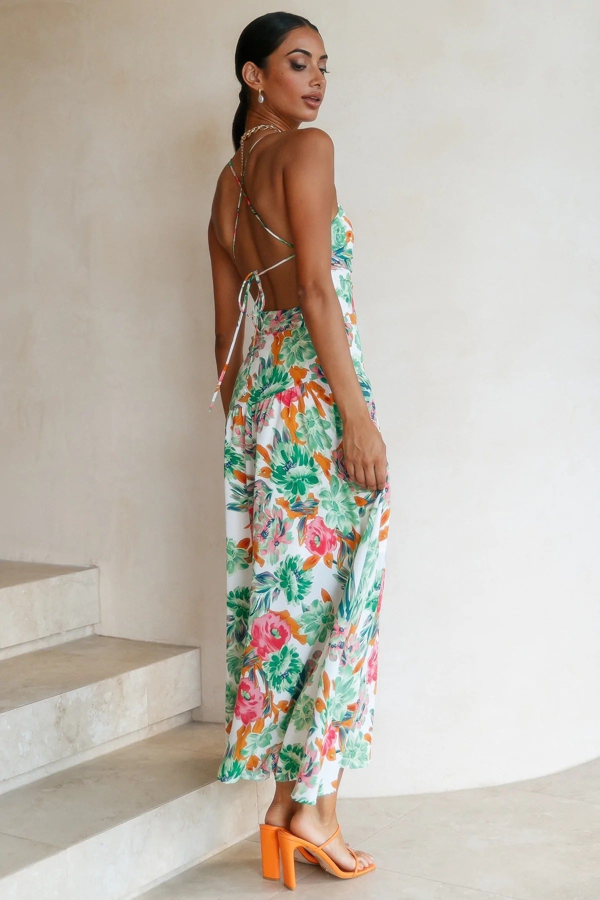 Floral Asymmetric Cami Midi Dress Green