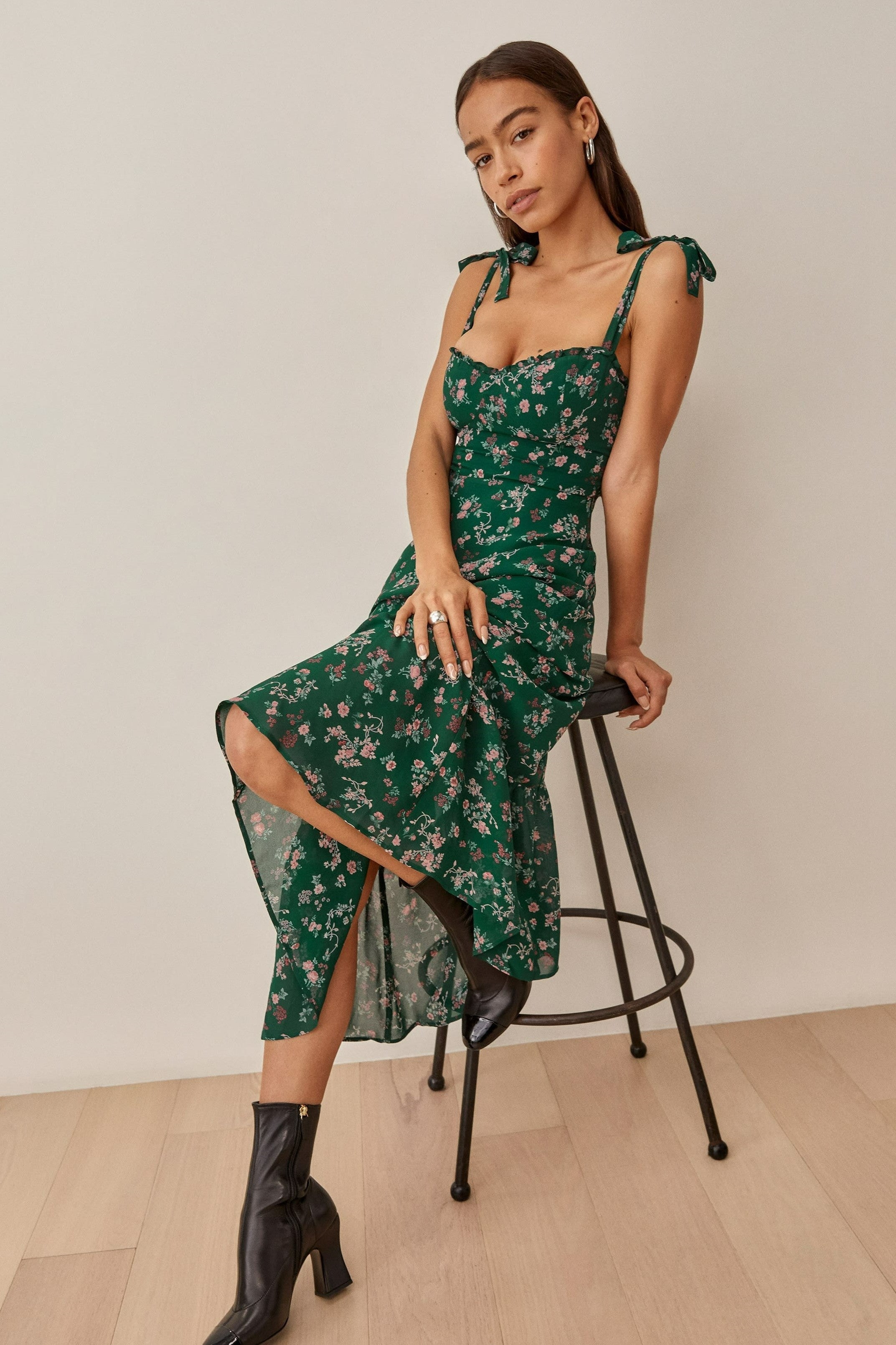 Floral Cami Lace up Ruched Backless Midi Dress