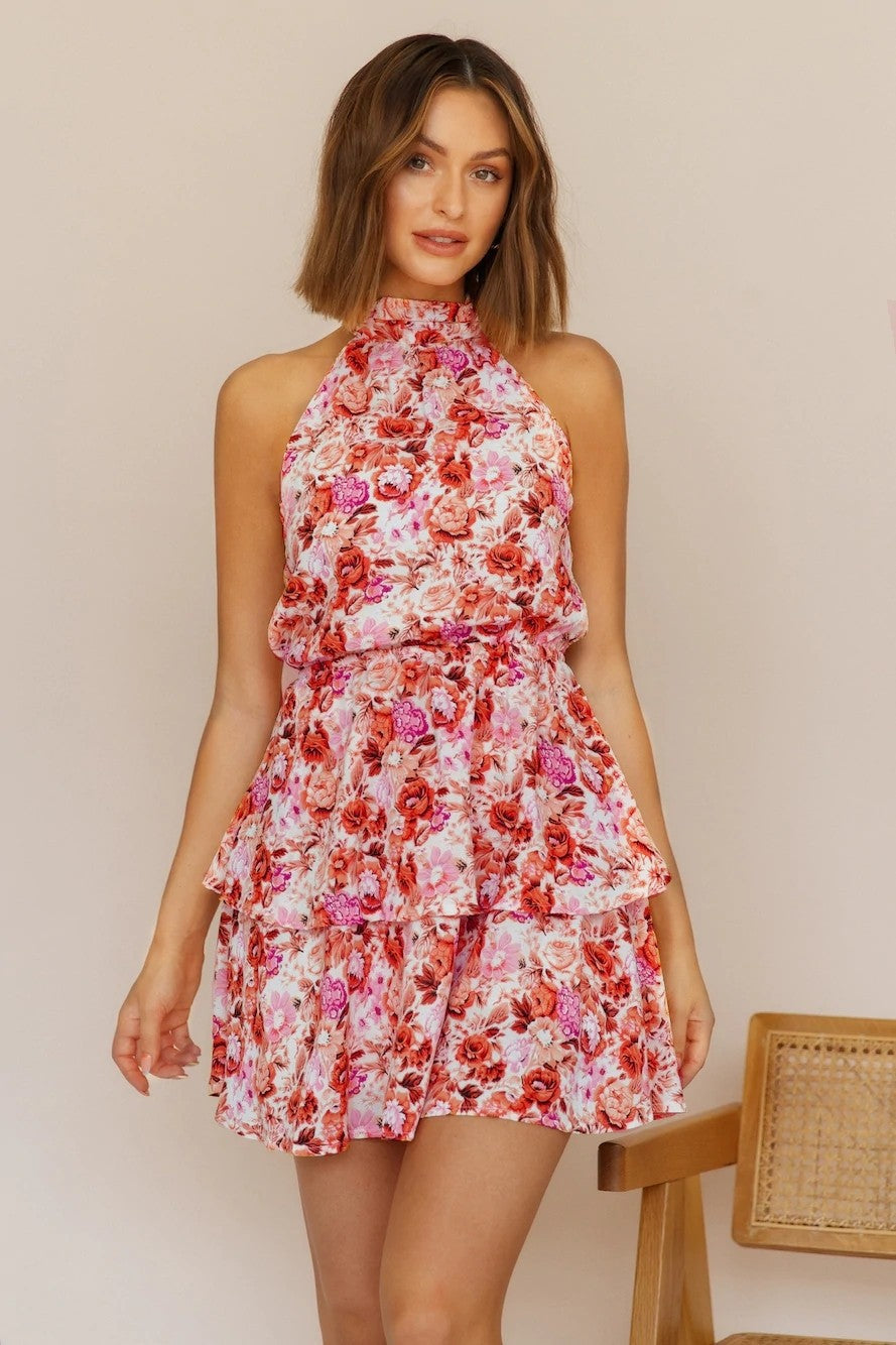 Floral Halter Neck Backless Ruffle Hem Mini Dress