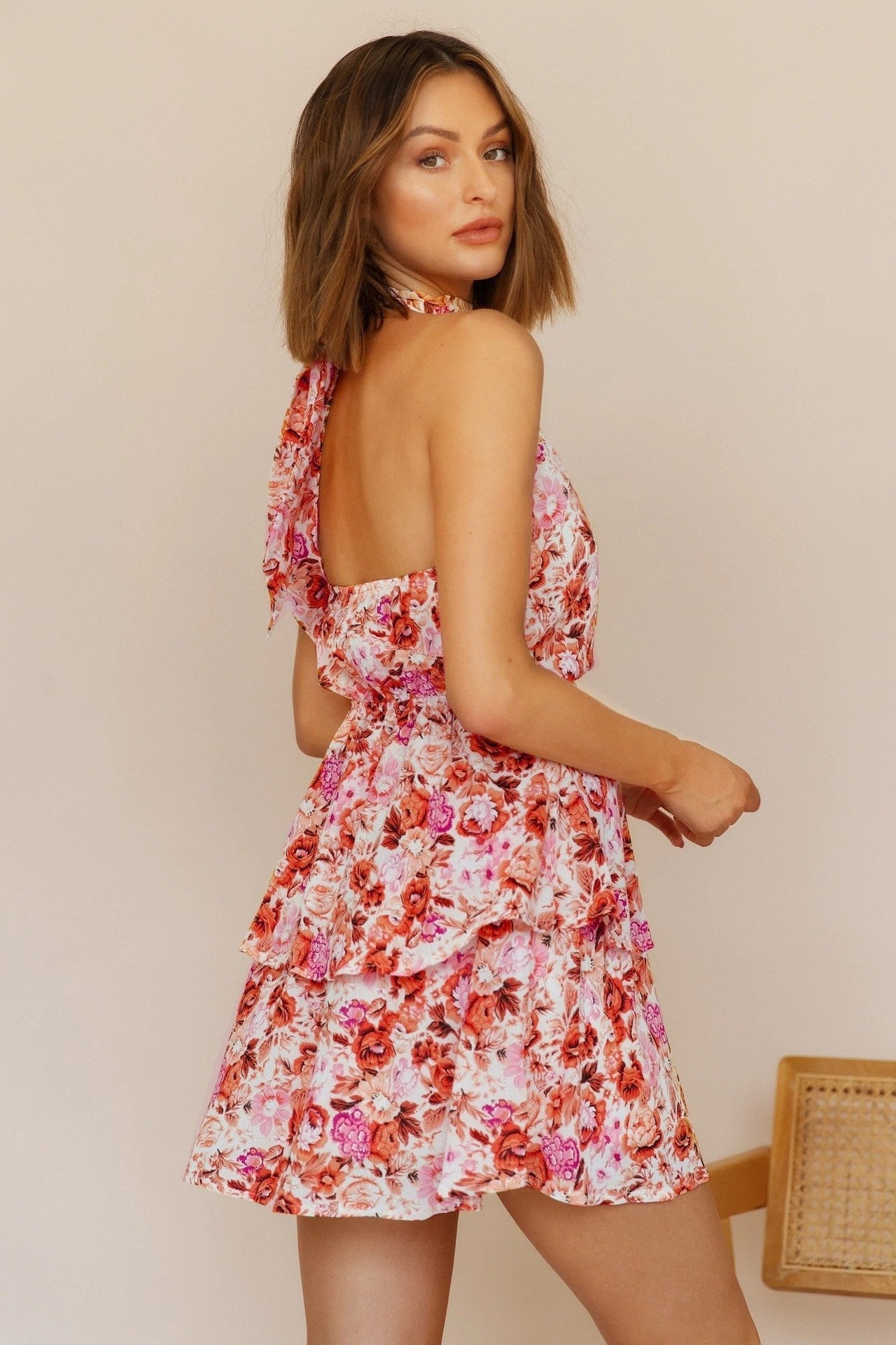 Floral Halter Neck Backless Ruffle Hem Mini Dress