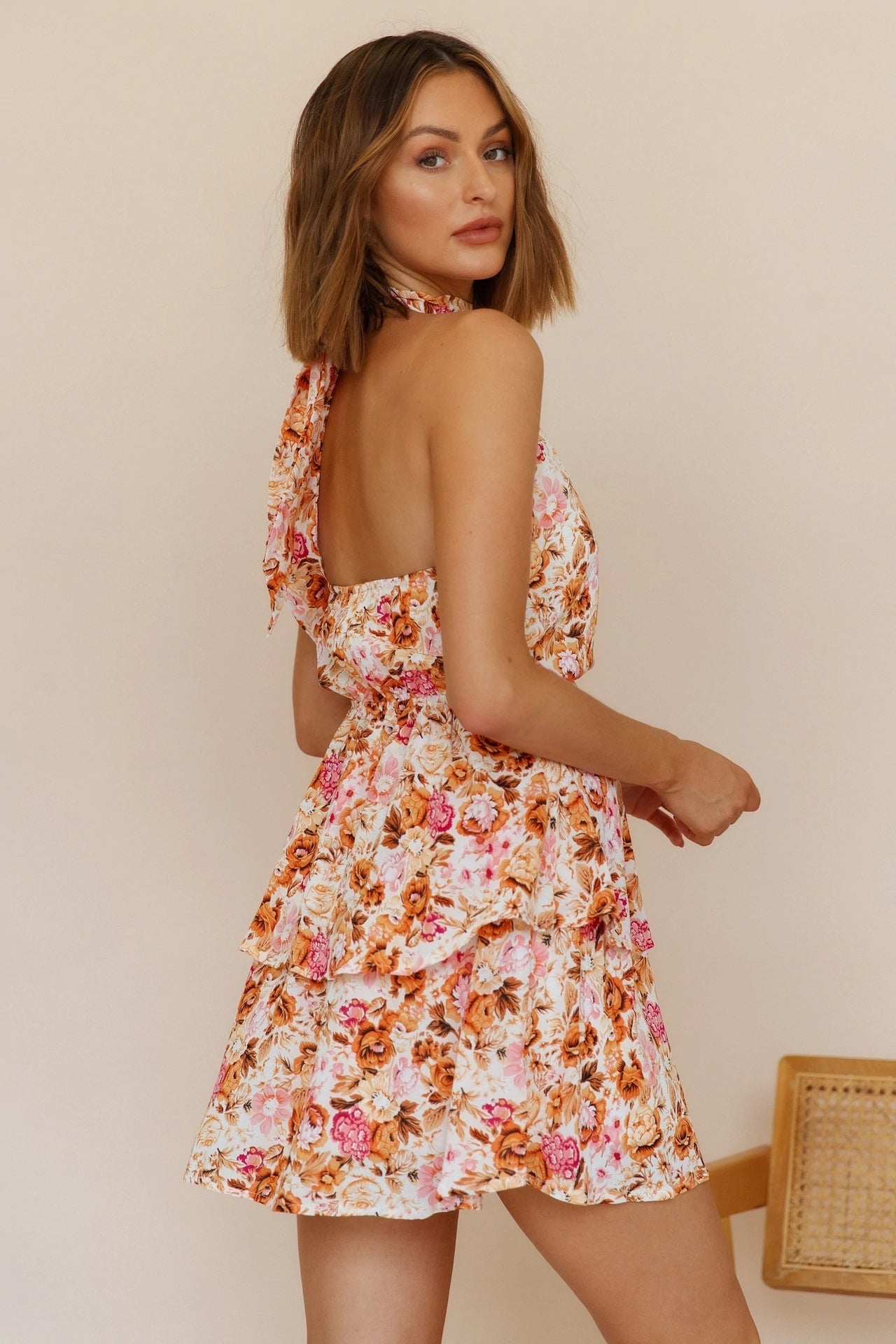 Floral Halter Neck Backless Ruffle Hem Mini Dress