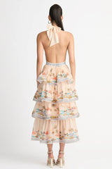 Floral Halter Neck Backless Tiered Ruffle Hem Maxi Dress