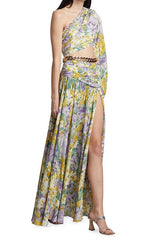 Floral One-Shoulder Slit Asymmetric Maxi Dress Purple