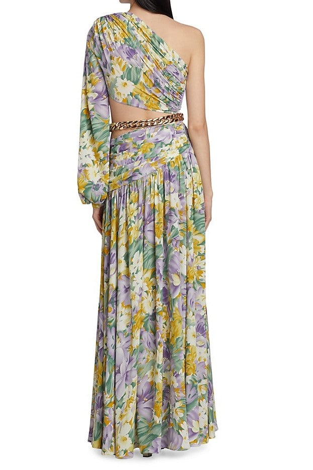 Floral One-Shoulder Slit Asymmetric Maxi Dress Purple