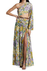 Floral One-Shoulder Slit Asymmetric Maxi Dress Purple