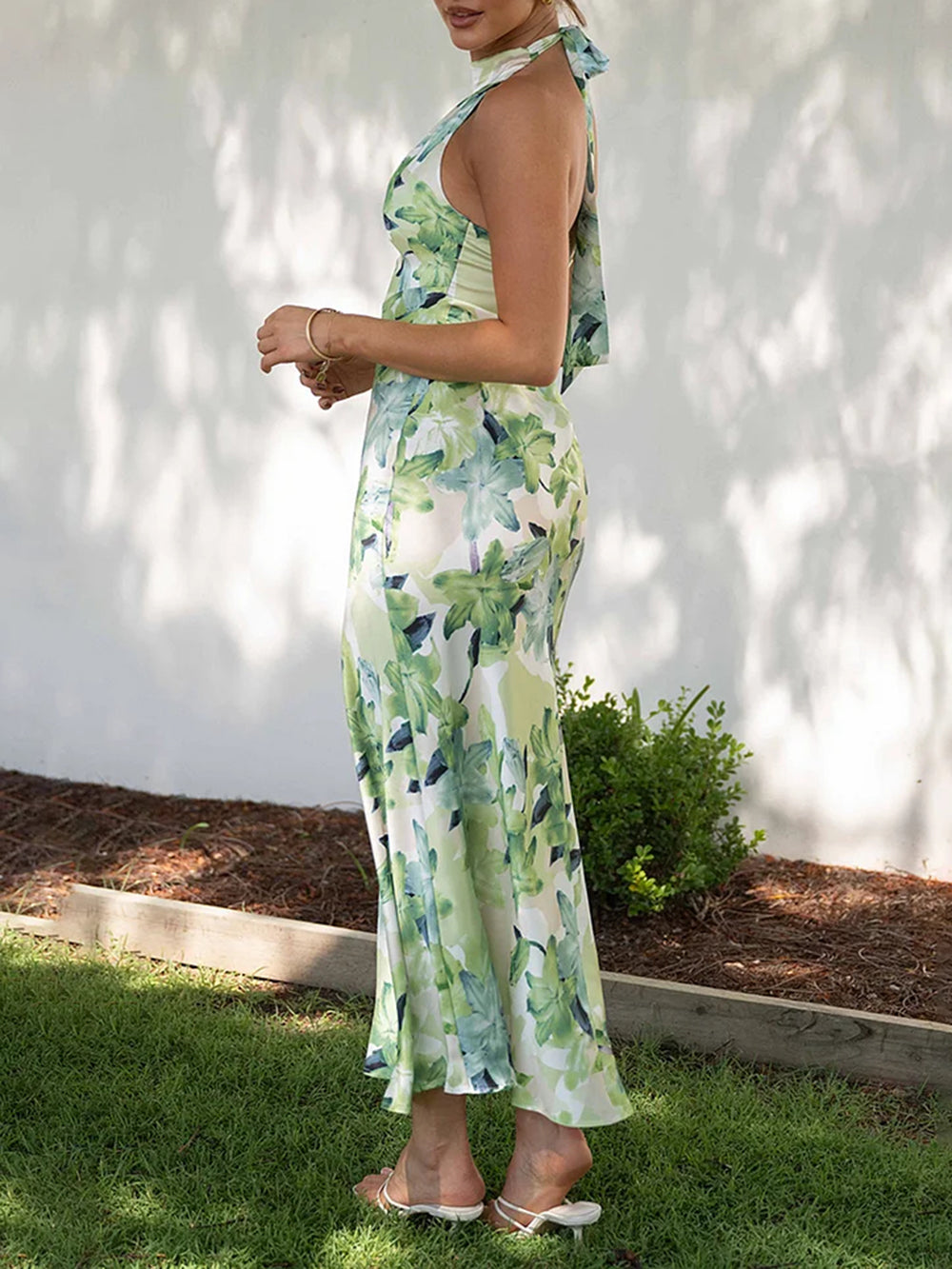 Floral Print Halter Backless Flowy Vacation Maxi Dresses