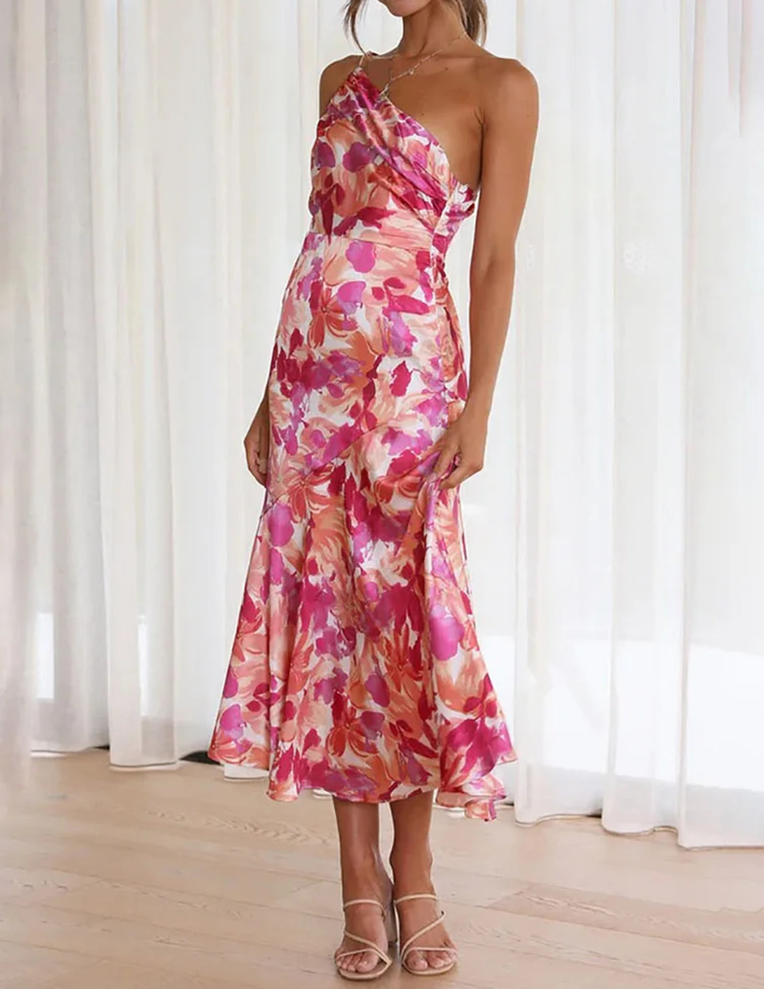 Azalea - Pink Floral One Shoulder Ruched Satin Dress