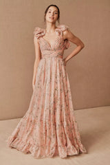 Floral V-Neck Cut-Out Backless Ruffle Hem Maxi Dress Pink