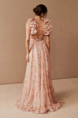 Floral V-Neck Cut-Out Backless Ruffle Hem Maxi Dress Pink