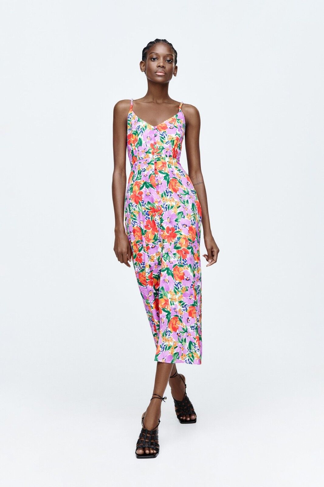 Floral Buttoned Trim Cami Slit Midi Dress