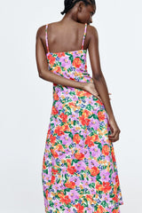 Floral Buttoned Trim Cami Slit Midi Dress