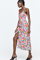 Floral Buttoned Trim Cami Slit Midi Dress