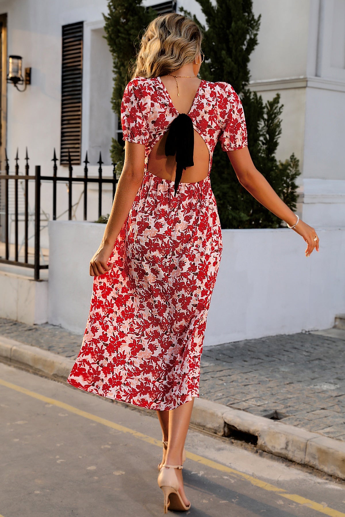 Floral Puff Sleeve Lace Up Backless Midi Dress