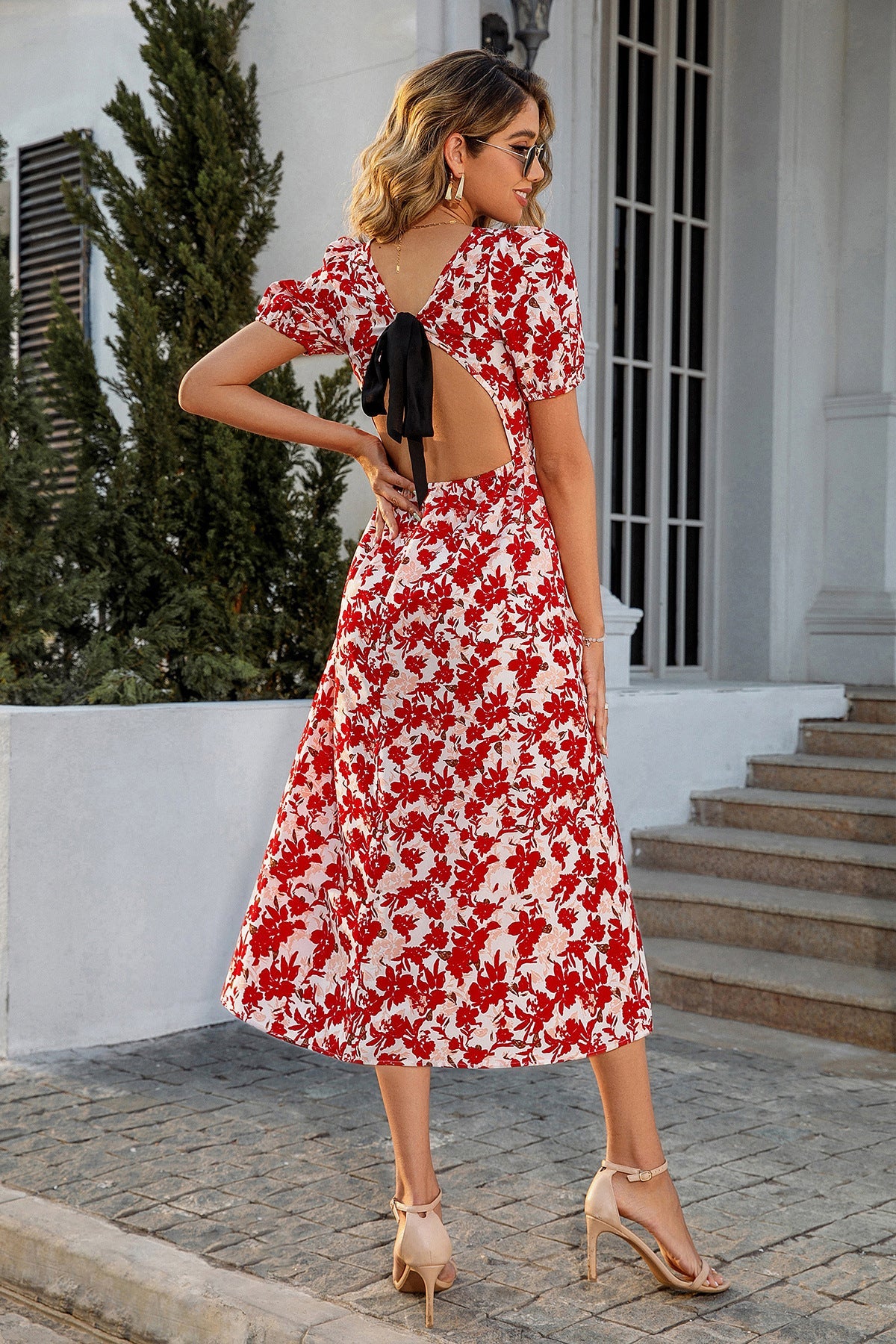 Floral Puff Sleeve Lace Up Backless Midi Dress