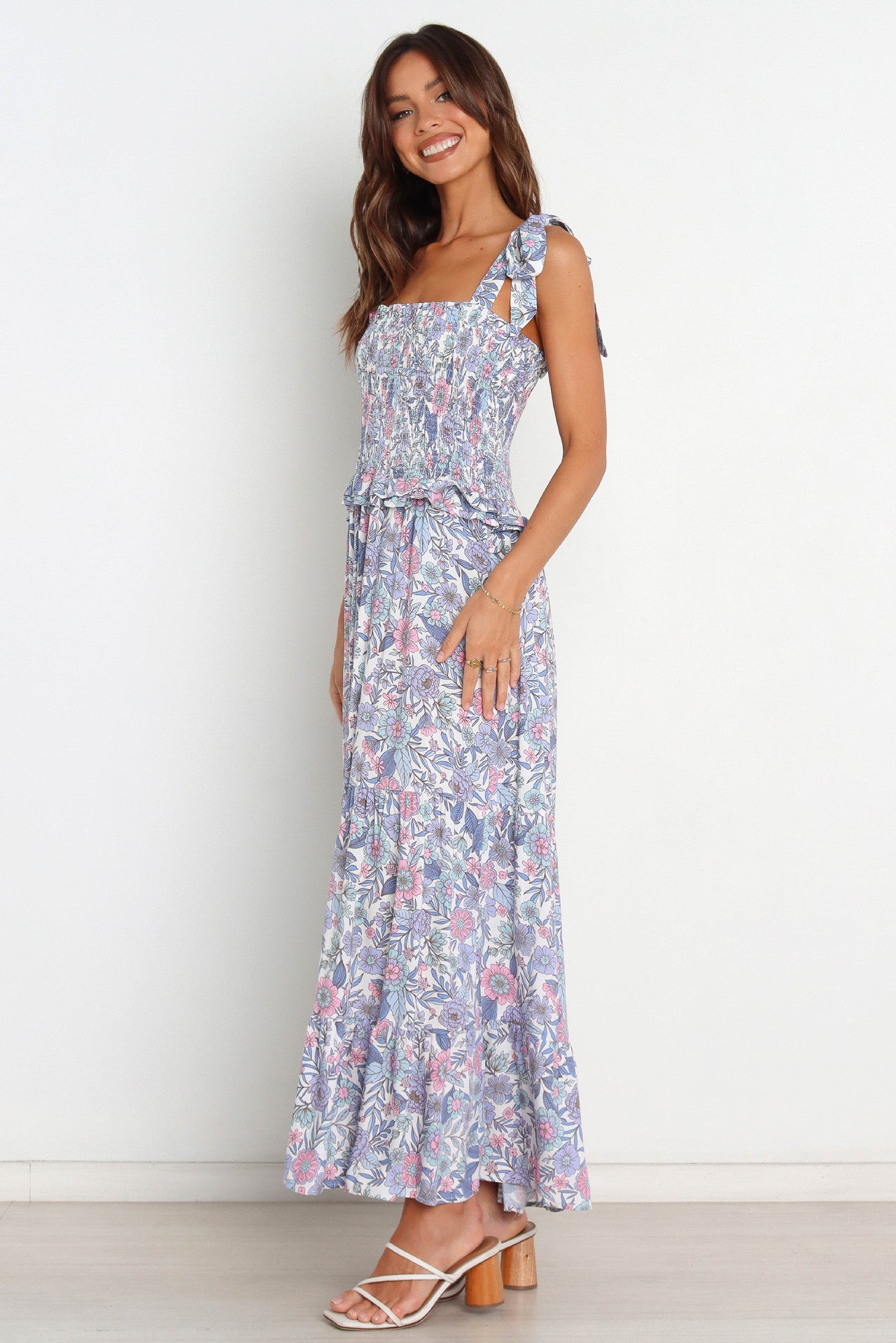 Floral Smocked Elastic Lace Up Shoulder Cami Midi Dress