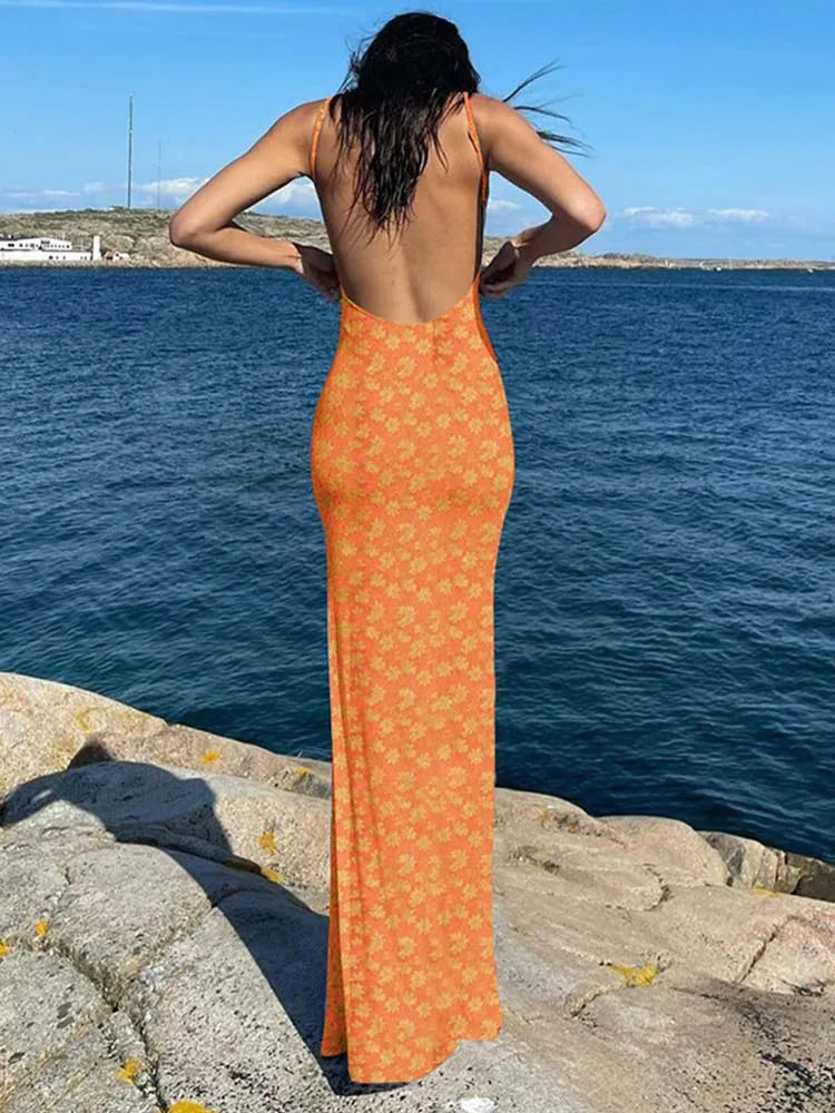 Flower Print Slip Sleeveless Backless Slim Sexy Maxi Dress 2024 Spring Women Elegant Streetwear Party Clothing Concise