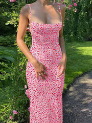 Flower Print Slip Sleeveless Backless Slim Sexy Maxi Dress 2024 Spring Women Elegant Streetwear Party Clothing Concise