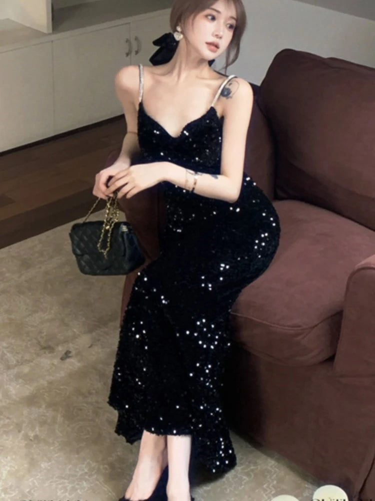 French Retro Sequins Long Dresses for Women Sleeveless Slim Mermaid Spring New Evening Party Dress Prom Robe Wedding Vestidos