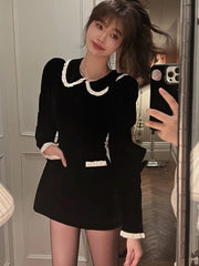 French Velvet Short Dresses for Women Long Sleeve Y2K Ruched Slim Autumn Spring Birthday Party Dress Prom Vestidos Mujer New