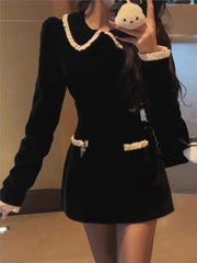 French Velvet Short Dresses for Women Long Sleeve Y2K Ruched Slim Autumn Spring Birthday Party Dress Prom Vestidos Mujer New