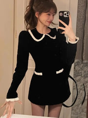 French Velvet Short Dresses for Women Long Sleeve Y2K Ruched Slim Autumn Spring Birthday Party Dress Prom Vestidos Mujer New