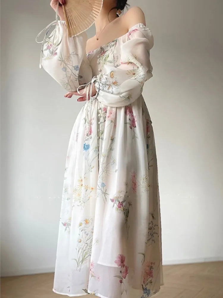 French Vinatge Evening Party Long Dresses for Women Floral A-line Princess Dress Lantern Sleeve Spring Summer Prom Robe Vestidos