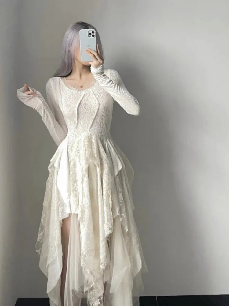 French Vintage Elegant Lace Dress Women 2024 Spring Summer New Irregular Splicing Long Bridesmaid Evening Party Dress Prom Robe