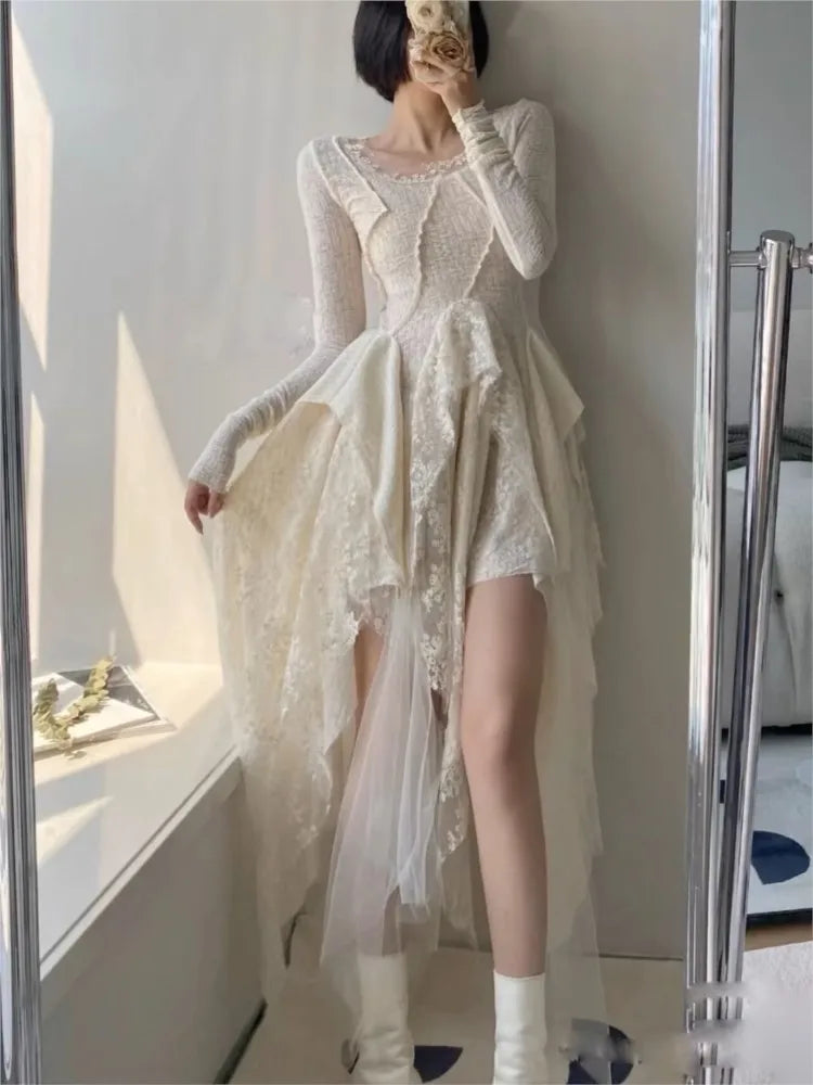 French Vintage Elegant Lace Dress Women 2024 Spring Summer New Irregular Splicing Long Bridesmaid Evening Party Dress Prom Robe