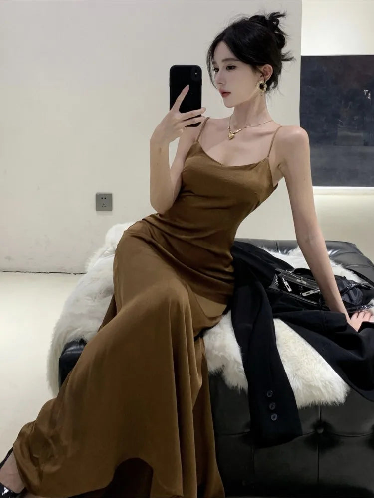 French Vintage Evening Party Dress Spaghetti Strap Long Dresses for Women Summer New Backless Slim Prom Robe Maxi Vestidos Mujer