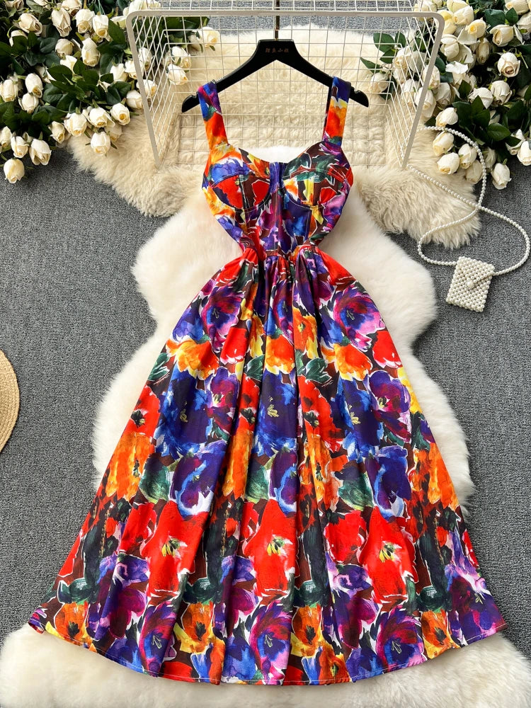 French Vintage Printed Party Dress Women Slim Sexy Evening Party Dresses Summer Sleeveless A-line Floral Beach Long Robe Vestido