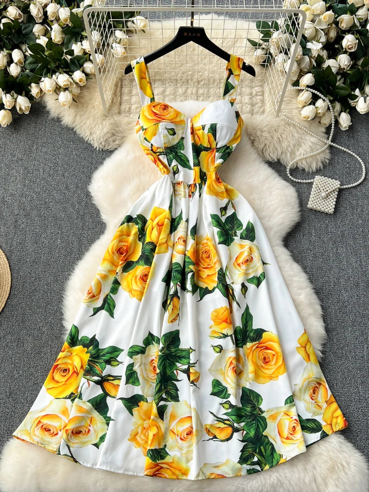 French Vintage Printed Party Dress Women Slim Sexy Evening Party Dresses Summer Sleeveless A-line Floral Beach Long Robe Vestido