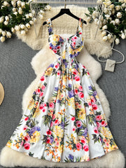 French Vintage Printed Party Dress Women Slim Sexy Evening Party Dresses Summer Sleeveless A-line Floral Beach Long Robe Vestido