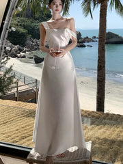 French Vintage Satin Dress Women Evening Party Dresses Ribbon Backless Spaghetti Strap Wedding Prom Robe Summer Vestido New