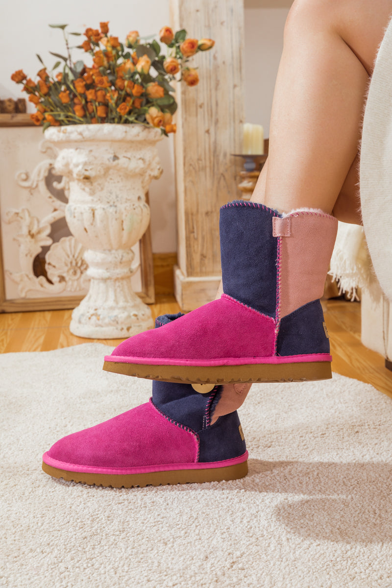 SMAIBULUN Ugg | COLOR BLOCK SIDE BUTTON SUEDE BOOT - FUCHSIA