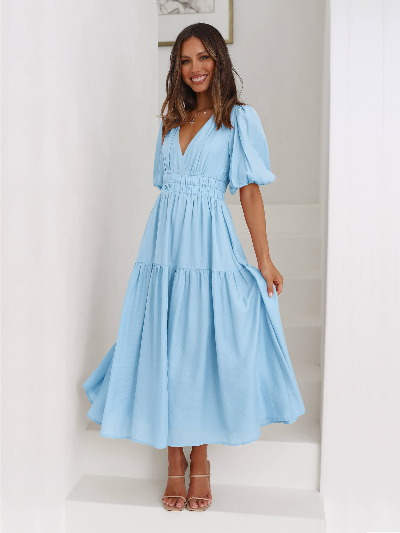 Kimona Smocked Short Sleeve Maxi Dress - Blue