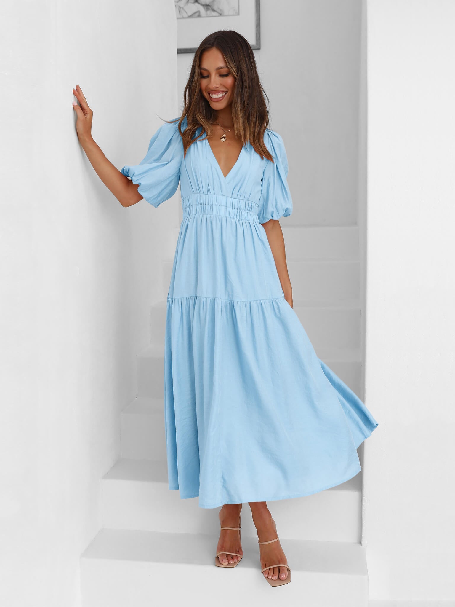 Kimona Smocked Short Sleeve Maxi Dress - Blue