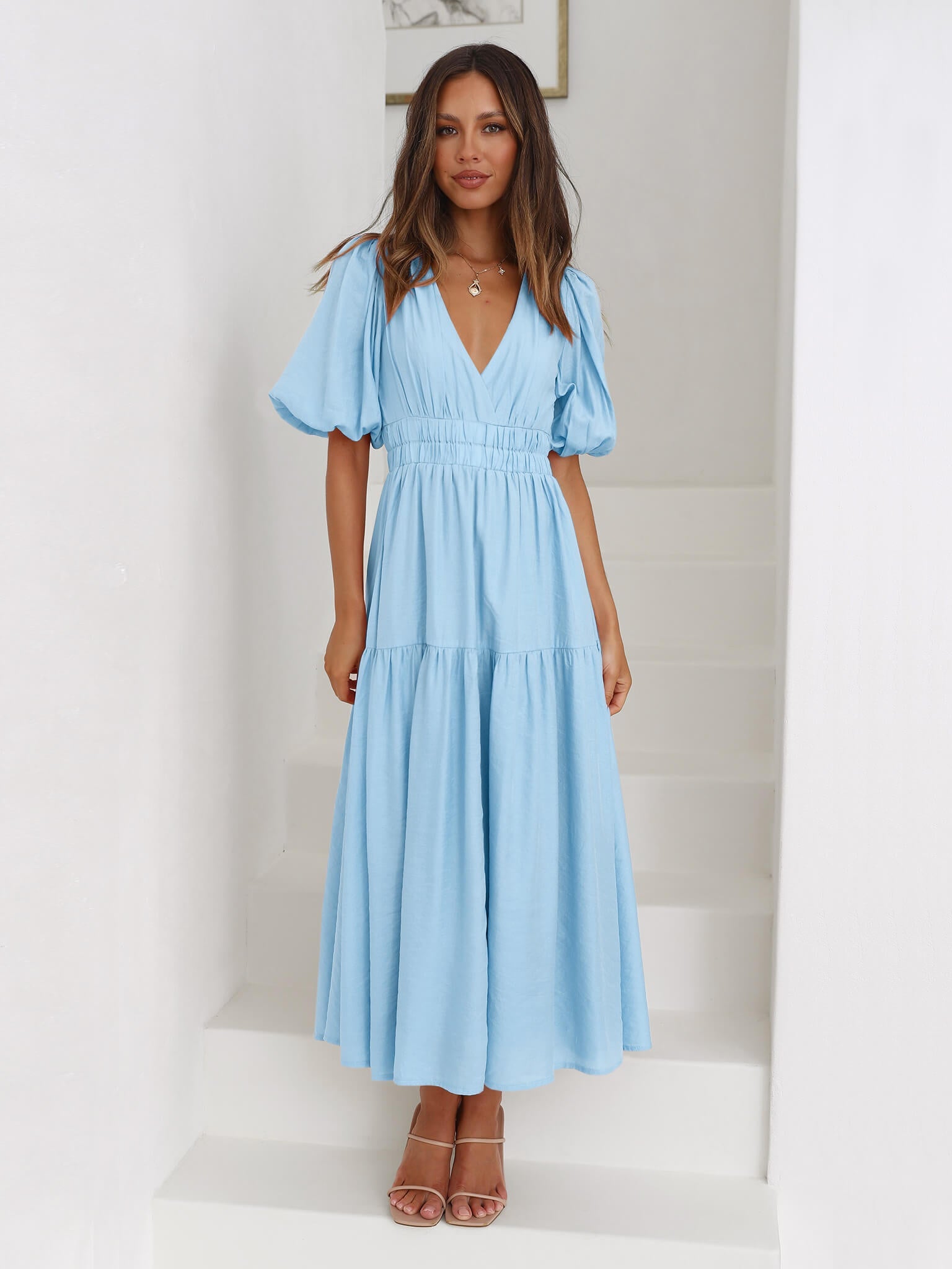 Kimona Smocked Short Sleeve Maxi Dress - Blue