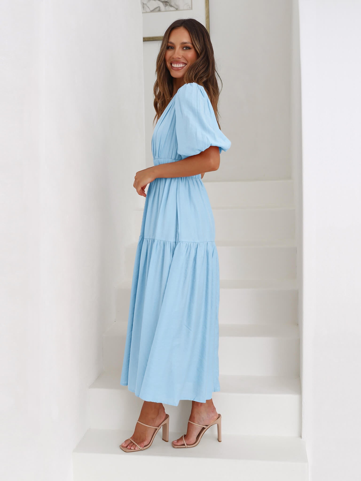 Kimona Smocked Short Sleeve Maxi Dress - Blue