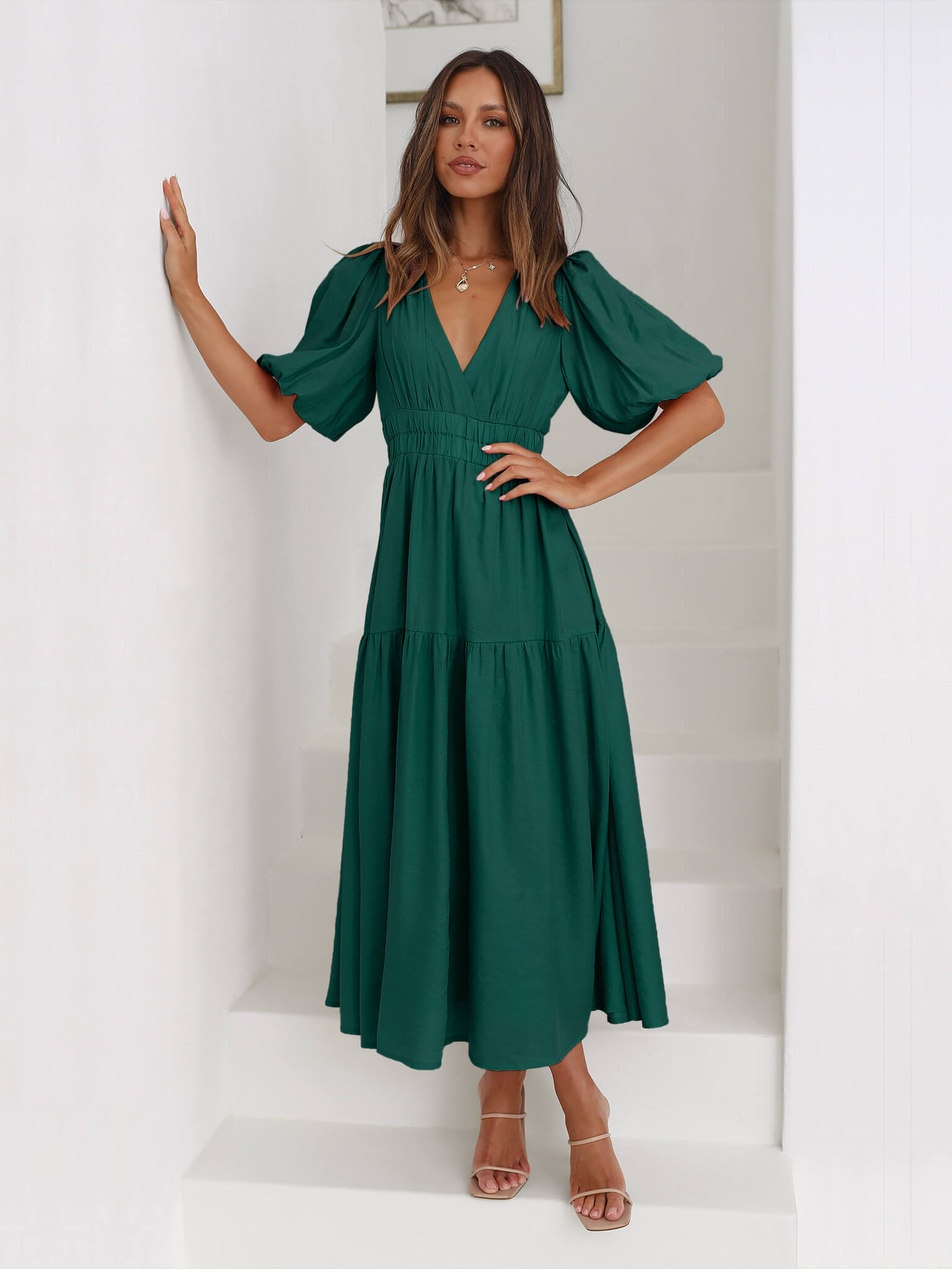 Kimona Smocked Short Sleeve Maxi Dress - Emerald