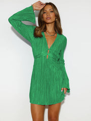 Shes All That Plisse Bell Sleeve Mini Dress - Emerald