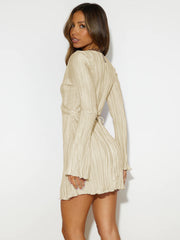 Shes All That Plisse Bell Sleeve Mini Dress - Beige